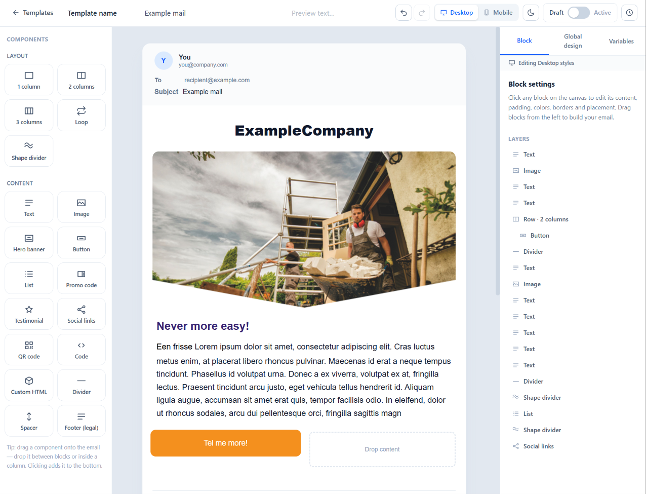 The Supergood Mail template editor: a components sidebar on the left, an email being assembled on the canvas, and block settings on the right.